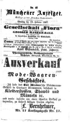 Münchener Anzeiger (Münchner neueste Nachrichten) Dienstag 12. Februar 1867