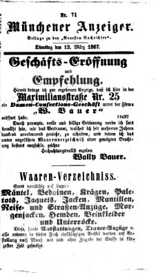 Münchener Anzeiger (Münchner neueste Nachrichten) Dienstag 12. März 1867