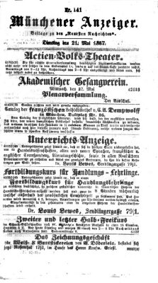 Münchener Anzeiger (Münchner neueste Nachrichten) Dienstag 21. Mai 1867