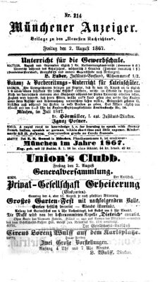 Münchener Anzeiger (Münchner neueste Nachrichten) Freitag 2. August 1867