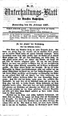 Neueste Nachrichten aus dem Gebiete der Politik. Unterhaltungs-Blatt der Neuesten Nachrichten (Münchner neueste Nachrichten) Donnerstag 28. Februar 1867