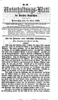 Neueste Nachrichten aus dem Gebiete der Politik. Unterhaltungs-Blatt der Neuesten Nachrichten (Münchner neueste Nachrichten) Donnerstag 13. Juni 1867