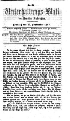 Neueste Nachrichten aus dem Gebiete der Politik. Unterhaltungs-Blatt der Neuesten Nachrichten (Münchner neueste Nachrichten) Sonntag 29. September 1867