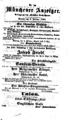 Münchener Anzeiger (Münchner neueste Nachrichten) Montag 3. Februar 1868