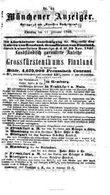 Münchener Anzeiger (Münchner neueste Nachrichten) Dienstag 11. Februar 1868