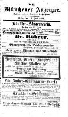 Münchener Anzeiger (Münchner neueste Nachrichten) Freitag 19. Juni 1868