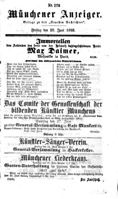 Münchener Anzeiger (Münchner neueste Nachrichten) Freitag 26. Juni 1868