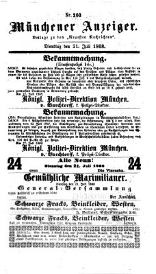 Münchener Anzeiger (Münchner neueste Nachrichten) Dienstag 21. Juli 1868