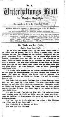 Neueste Nachrichten aus dem Gebiete der Politik. Unterhaltungs-Blatt der Neuesten Nachrichten (Münchner neueste Nachrichten) Donnerstag 2. Januar 1868