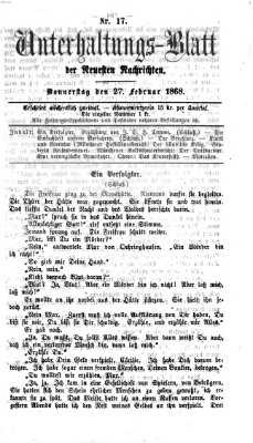 Neueste Nachrichten aus dem Gebiete der Politik. Unterhaltungs-Blatt der Neuesten Nachrichten (Münchner neueste Nachrichten) Donnerstag 27. Februar 1868