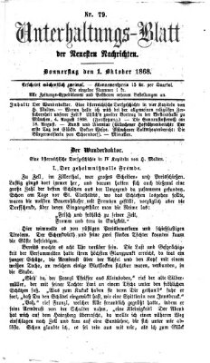 Neueste Nachrichten aus dem Gebiete der Politik. Unterhaltungs-Blatt der Neuesten Nachrichten (Münchner neueste Nachrichten) Donnerstag 1. Oktober 1868