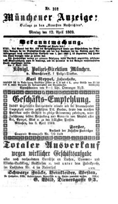 Münchener Anzeiger (Münchner neueste Nachrichten) Montag 12. April 1869