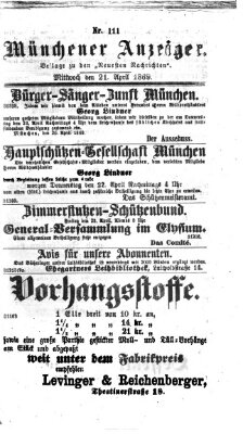 Münchener Anzeiger (Münchner neueste Nachrichten) Mittwoch 21. April 1869