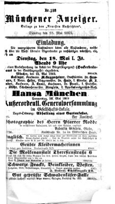 Münchener Anzeiger (Münchner neueste Nachrichten) Dienstag 18. Mai 1869