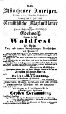 Münchener Anzeiger (Münchner neueste Nachrichten) Samstag 3. Juli 1869