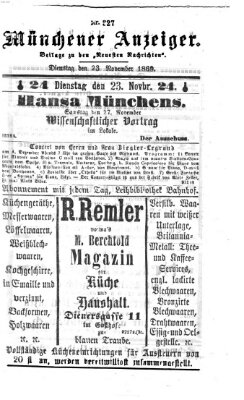 Münchener Anzeiger (Münchner neueste Nachrichten) Dienstag 23. November 1869