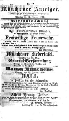 Münchener Anzeiger (Münchner neueste Nachrichten) Montag 17. Januar 1870