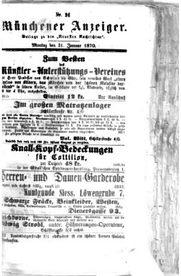 Münchener Anzeiger (Münchner neueste Nachrichten) Montag 31. Januar 1870