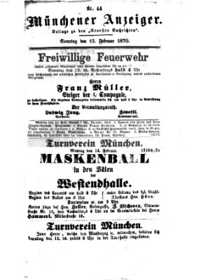 Münchener Anzeiger (Münchner neueste Nachrichten) Sonntag 13. Februar 1870