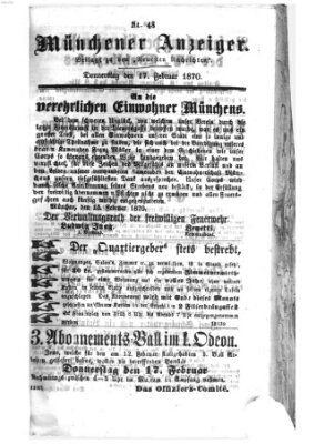 Münchener Anzeiger (Münchner neueste Nachrichten) Donnerstag 17. Februar 1870