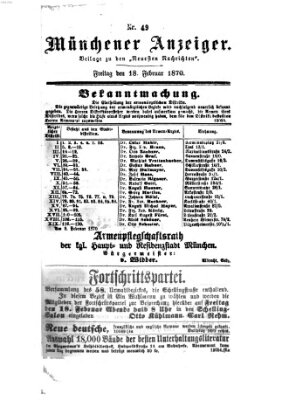 Münchener Anzeiger (Münchner neueste Nachrichten) Freitag 18. Februar 1870