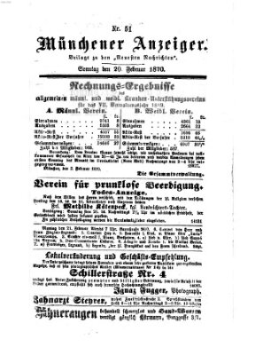 Münchener Anzeiger (Münchner neueste Nachrichten) Sonntag 20. Februar 1870