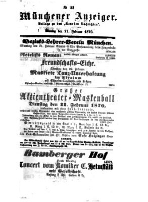 Münchener Anzeiger (Münchner neueste Nachrichten) Montag 21. Februar 1870