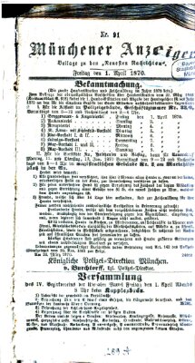 Münchener Anzeiger (Münchner neueste Nachrichten) Freitag 1. April 1870