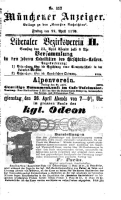 Münchener Anzeiger (Münchner neueste Nachrichten) Freitag 22. April 1870