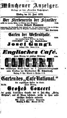 Münchener Anzeiger (Münchner neueste Nachrichten) Montag 20. Juni 1870