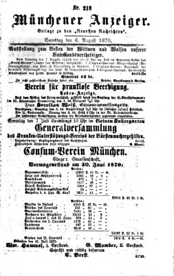 Münchener Anzeiger (Münchner neueste Nachrichten) Samstag 6. August 1870