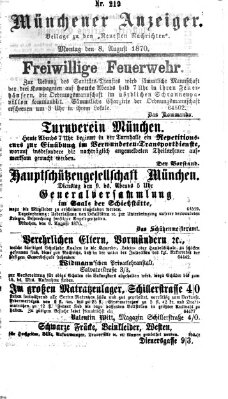 Münchener Anzeiger (Münchner neueste Nachrichten) Montag 8. August 1870