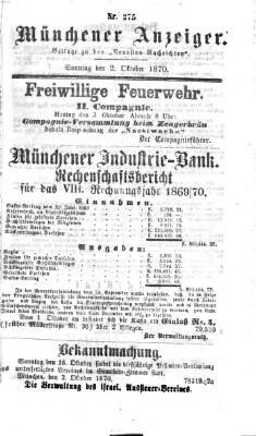 Münchener Anzeiger (Münchner neueste Nachrichten) Sonntag 2. Oktober 1870