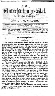 Neueste Nachrichten aus dem Gebiete der Politik. Unterhaltungs-Blatt der Neuesten Nachrichten (Münchner neueste Nachrichten) Sonntag 27. Februar 1870