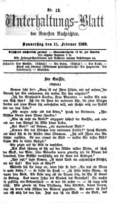 Neueste Nachrichten aus dem Gebiete der Politik. Unterhaltungs-Blatt der Neuesten Nachrichten (Münchner neueste Nachrichten) Donnerstag 11. Februar 1869