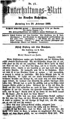 Neueste Nachrichten aus dem Gebiete der Politik. Unterhaltungs-Blatt der Neuesten Nachrichten (Münchner neueste Nachrichten) Sonntag 28. Februar 1869