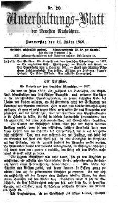 Neueste Nachrichten aus dem Gebiete der Politik. Unterhaltungs-Blatt der Neuesten Nachrichten (Münchner neueste Nachrichten) Donnerstag 11. März 1869