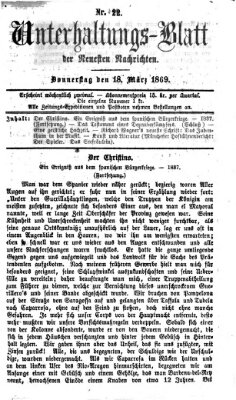 Neueste Nachrichten aus dem Gebiete der Politik. Unterhaltungs-Blatt der Neuesten Nachrichten (Münchner neueste Nachrichten) Donnerstag 18. März 1869