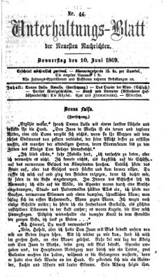 Neueste Nachrichten aus dem Gebiete der Politik. Unterhaltungs-Blatt der Neuesten Nachrichten (Münchner neueste Nachrichten) Donnerstag 10. Juni 1869