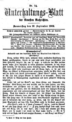 Neueste Nachrichten aus dem Gebiete der Politik. Unterhaltungs-Blatt der Neuesten Nachrichten (Münchner neueste Nachrichten) Donnerstag 16. September 1869