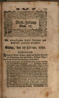 Real-Zeitung (Erlanger Real-Zeitung) Dienstag 27. Februar 1781