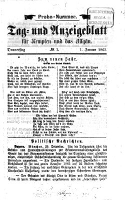 Tag- und Anzeigeblatt für Kempten und das Allgäu Donnerstag 1. Januar 1863