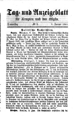 Tag- und Anzeigeblatt für Kempten und das Allgäu Donnerstag 8. Januar 1863