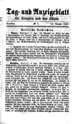 Tag- und Anzeigeblatt für Kempten und das Allgäu Samstag 10. Januar 1863