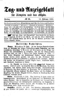 Tag- und Anzeigeblatt für Kempten und das Allgäu Freitag 13. Februar 1863