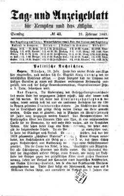 Tag- und Anzeigeblatt für Kempten und das Allgäu Samstag 21. Februar 1863