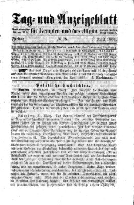 Tag- und Anzeigeblatt für Kempten und das Allgäu Freitag 3. April 1863