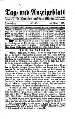 Tag- und Anzeigeblatt für Kempten und das Allgäu Donnerstag 30. April 1863