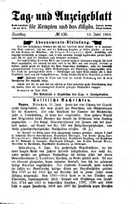 Tag- und Anzeigeblatt für Kempten und das Allgäu Samstag 13. Juni 1863