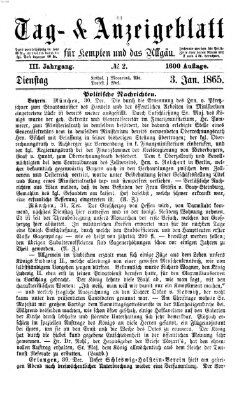 Tag- und Anzeigeblatt für Kempten und das Allgäu Dienstag 3. Januar 1865